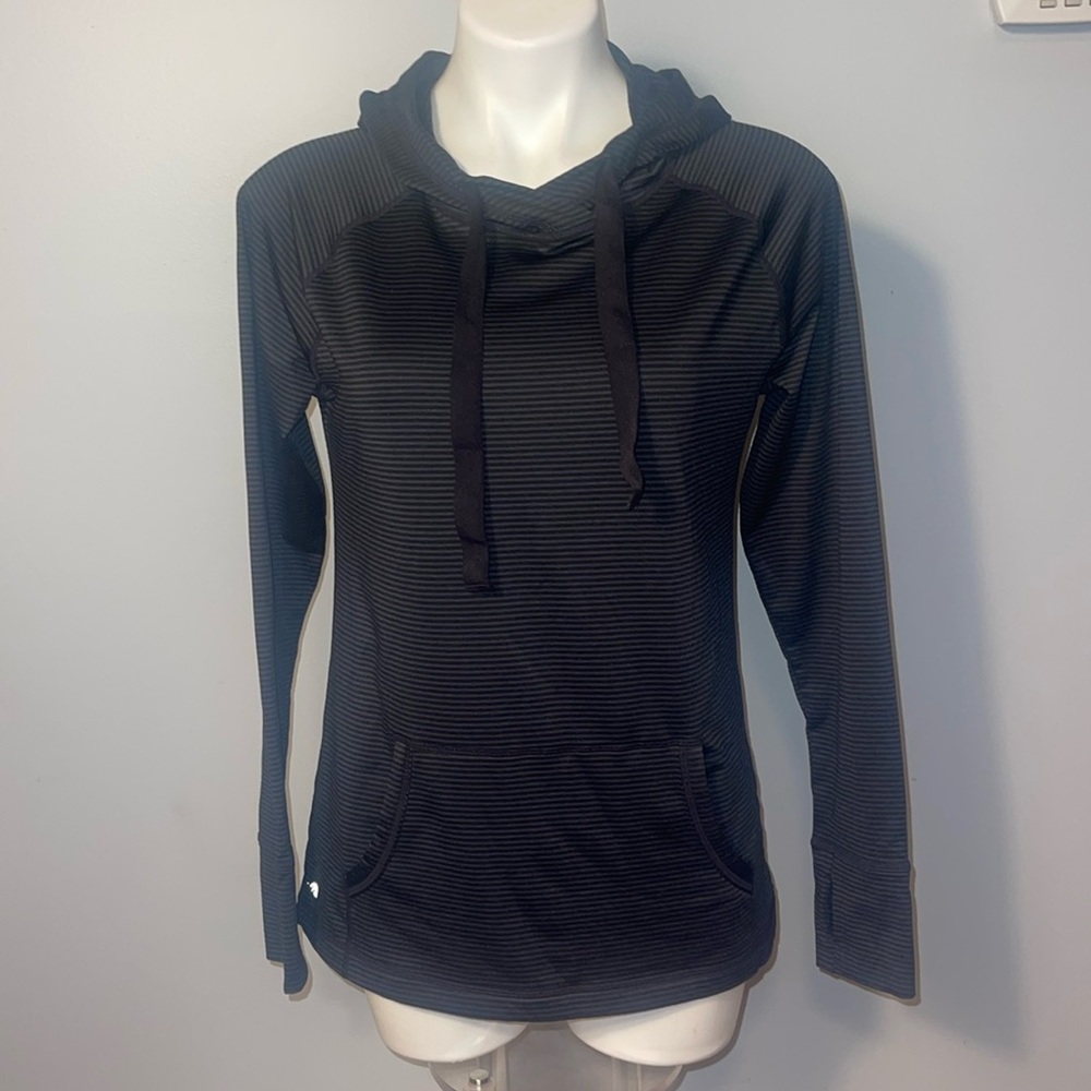 Ideology Womens Training Fitness Hoodie. Gray and black striped. Medium.